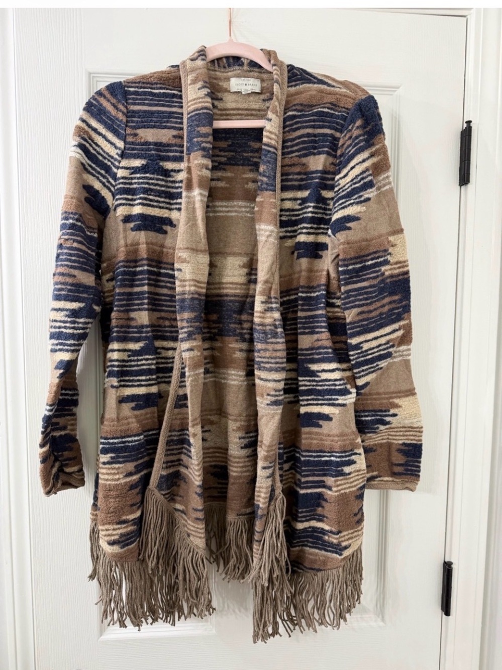 Lucky Brand Blue/Brown Multi-Color Fringe Open Cardigan XL